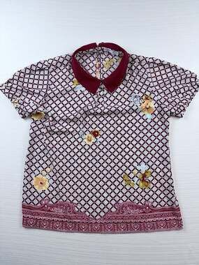 PAPERDOLLS Burgundy Floral Geometric Pattern Collared Short Sleeve Blouse Size M